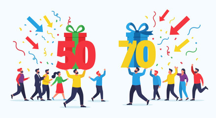 People celebrating 50th and 70th anniversaries with gifts and confetti.