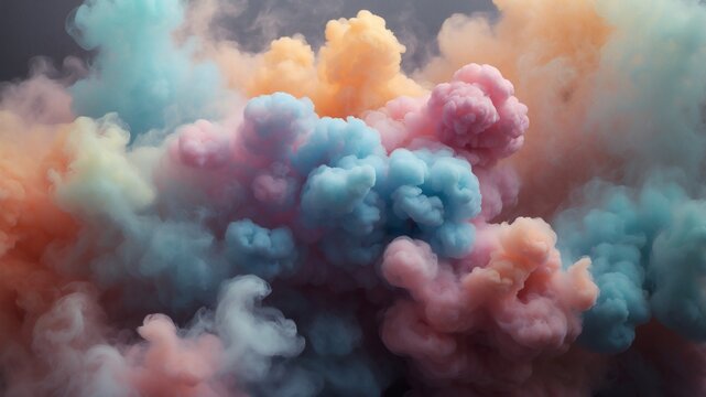 Vibrant colorful smoke clouds create an abstract visual that evokes a sense of wonder and creativity. The pastel hues mix, creating a mesmerizing spectacle