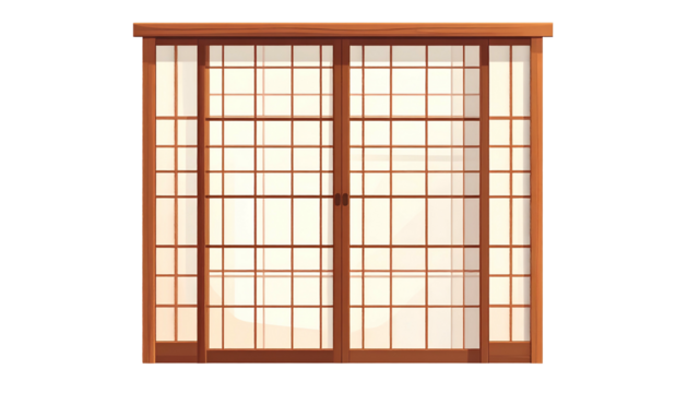 Two-panel sliding door with wooden frame and paper-like grid design - Powered by Adobe