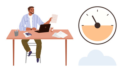 Man sitting at desk analyzing paperwork near a laptop, clock illustration indicating a time limit. Ideal for productivity, time management, deadlines, work efficiency, organization, focus, simple