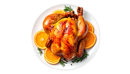 Roasted whole fowl on white plate, garnished with orange slices and herbs