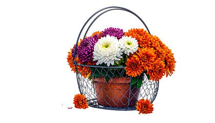 Colorful mums spill from a wire basket planter against a black background