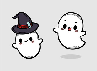 Cute Ghosts Set Funny Kawaii Spooky Character Design Hand Drawn Style