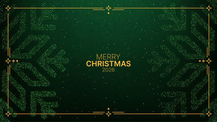 Green Christmas banner with snowflake dots decoration and gold frame for holiday greeting card or festive background in 2026.