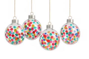 Glass baubles hanging, colorful polka dot christmas decorations