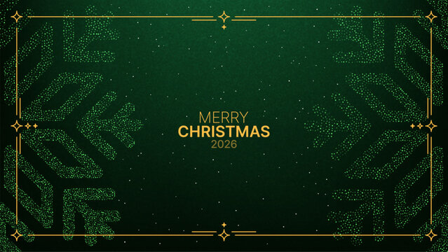 Green Christmas banner with snowflake dots decoration and gold frame for holiday greeting card or festive background in 2026.