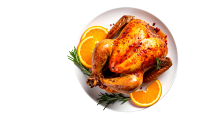 A roasted whole bird on a white plate, garnished with orange slices and herbs