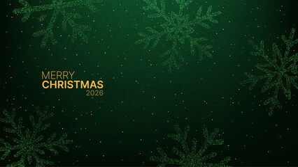 Merry Christmas 2026 greeting text with glitter snowflakes on a subtle dark green background for holiday banner or card design.