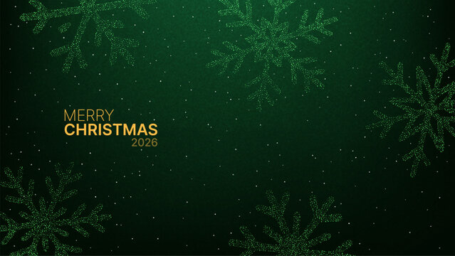 Merry Christmas 2026 greeting text with glitter snowflakes on a subtle dark green background for holiday banner or card design.