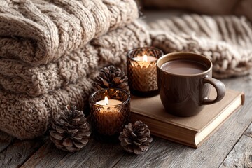 Festive winter scene: cozy mug of coffee, candles, pinecones, and frosted pine branches for a perfect Christmas morning