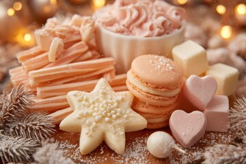 Sweet holiday composition with pink lollipops, macarons, and sugar decorations in cozy Christmas atmosphere