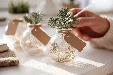 Woman painting white snowflake design on Christmas bauble for cozy holiday home decor.