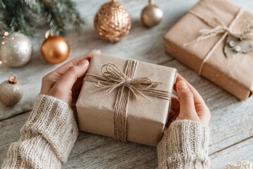 Hands wrapping Christmas gifts with kraft paper and natural twine on white background