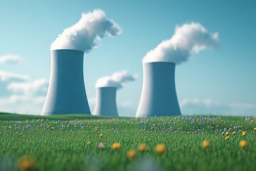 Nuclear power plant cooling towers surrounded by lush grass and colorful flowers on a clear day