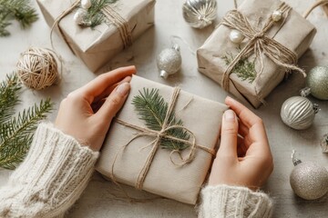 Minimalist Christmas present wrapping station hands tying ribbons on white clean background