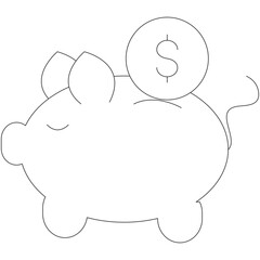Outline of a Piggy Bank with a Coin Slot and a Dollar Sign Coin on a Transparent Background in White