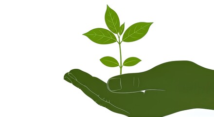 Green Hand Holding a Young Plant Sprout on White Background.