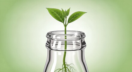Green Sprout Growing in Clear Glass Bottle on Light Green Background.