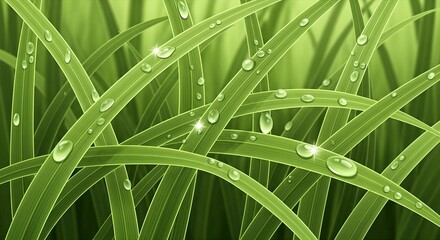 Lush Green Grass Blades with Sparkling Morning Dew Drops.