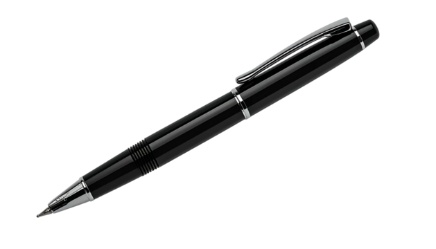 Sleek black pen with silver accents and clip, isolated on a black background
