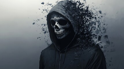 Ethereal skeletal figure in hooded garment dissolves into fragmented digital particles against a moody, abstract backdrop
