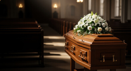 Coffin with white flowers for funeral service, space on the left for text, memorial template, eulogy card