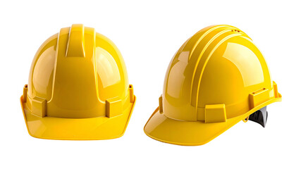 Two bright yellow construction helmets, one straight on, the other angled, isolated on black