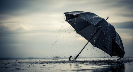 Umbrella in rain showing bad weather, rainy season with copy space on the left, dark shades, gray scene