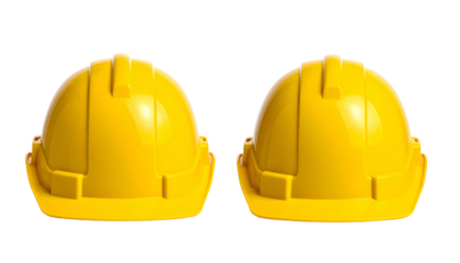 Two identical yellow protective headgear, isolated against a transparent background