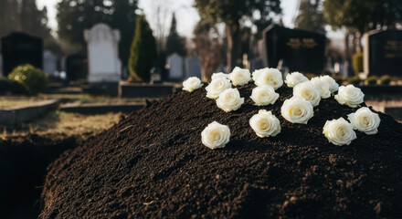 Grave mound with white roses in cemetery, space for text on the left, burial site, memorial service
