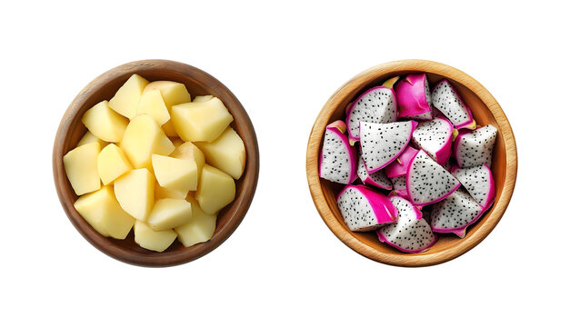 Potato and Dragon Fruit in Wooden Bowl on Transparent Background