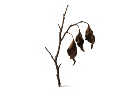 Dry plant with few withered leaves on branch, representing concepts of drought, decay, and environmental crisis