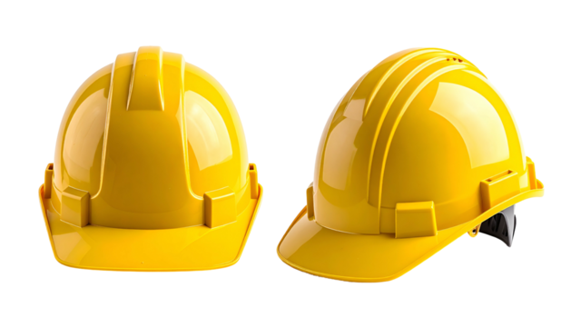 Two bright yellow construction helmets, one straight on, the other angled, isolated on black
