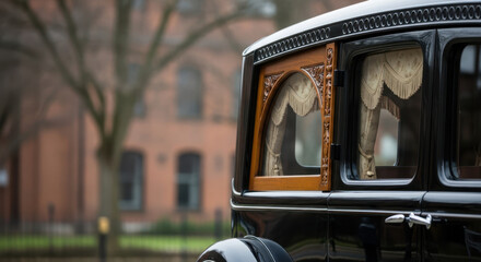 Classic hearse side with window and curtain detail and ample space for text on the left