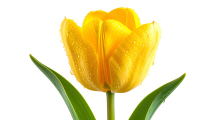 Close-up of a vibrant yellow tulip with water droplets, green stem and leaves against black