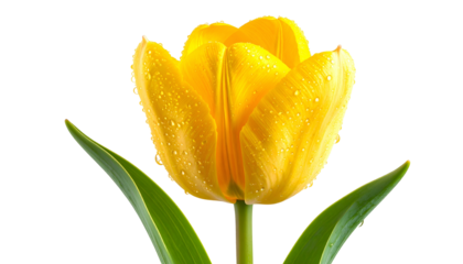 Close-up of a vibrant yellow tulip with water droplets, green stem and leaves against black