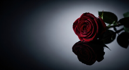 Red rose with reflection on dark background, space for text on the left side for greeting cards and social media design