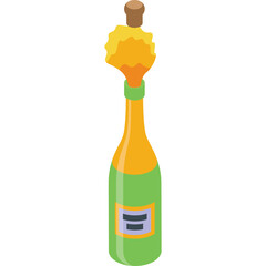 Green Bottle with Yellow Liquid Exploding Upward With Cork and Label on Transparent Background Detailed Pixel Art Celebration Concept