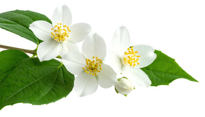 Branch of white, fragrant flowers with golden centers and green leaves against black
