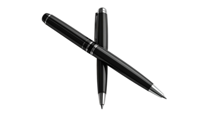 Two elegant black pens, one overlapping the other against a stark black background