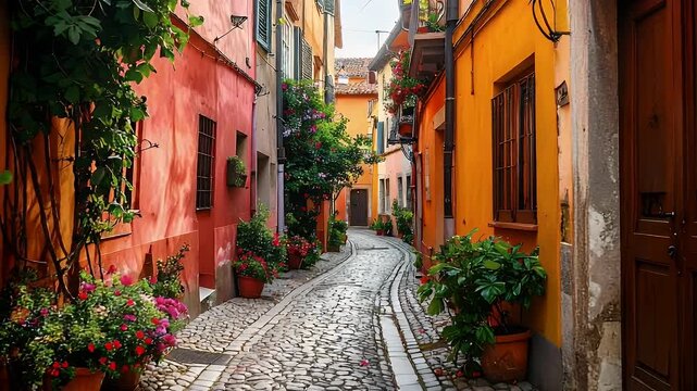 Charming Narrow European Street Lined with Vibrant Buildings and Lush Greenery in Warm Sunlight