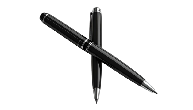 Two elegant black pens, one overlapping the other against a stark black background