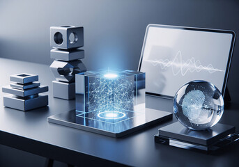 Futuristic Artificial Intelligence and Data Security Concept with Digital Cube and Fingerprint Sphere