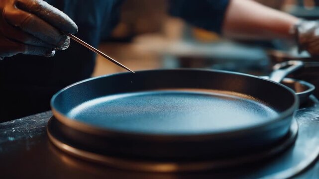 Scene of a craftsman inspecting the evenness of a refurbished PTFE nonstick layer on a frying pan capturing precision and attention to detail in coating renewal.