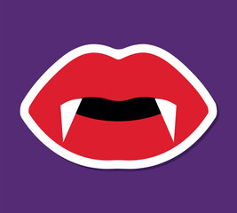 Halloween mouth with vampire teeth, red lips with sharp fangs sticker, vector design element