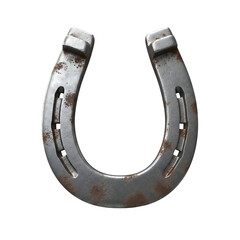 3d illustration of a single, weathered, rusty metal horseshoe isolated on a transparent background, symbolizing luck and equestrianism