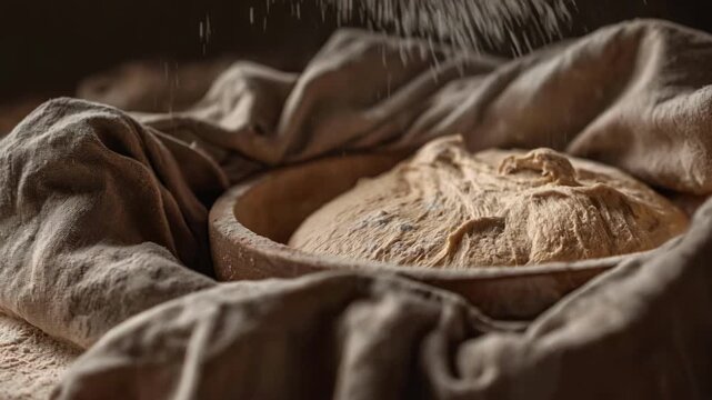 Medium shot of whole wheat bread dough resting in a linen cloth focusing on fermentation and traditional baking process.