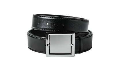 Black leather belt with a shiny, square buckle, set against a solid black background