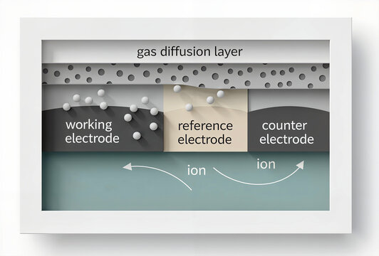 Diagram of a battery cell or fuel cell with a gas diffusion layer (GDL), showing the flow of ions between electrodes. Concept for electrochemistry and energy storage.