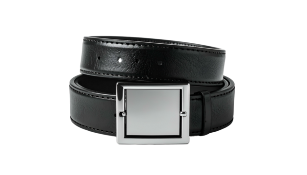 Black leather belt with a shiny, square buckle, set against a solid black background